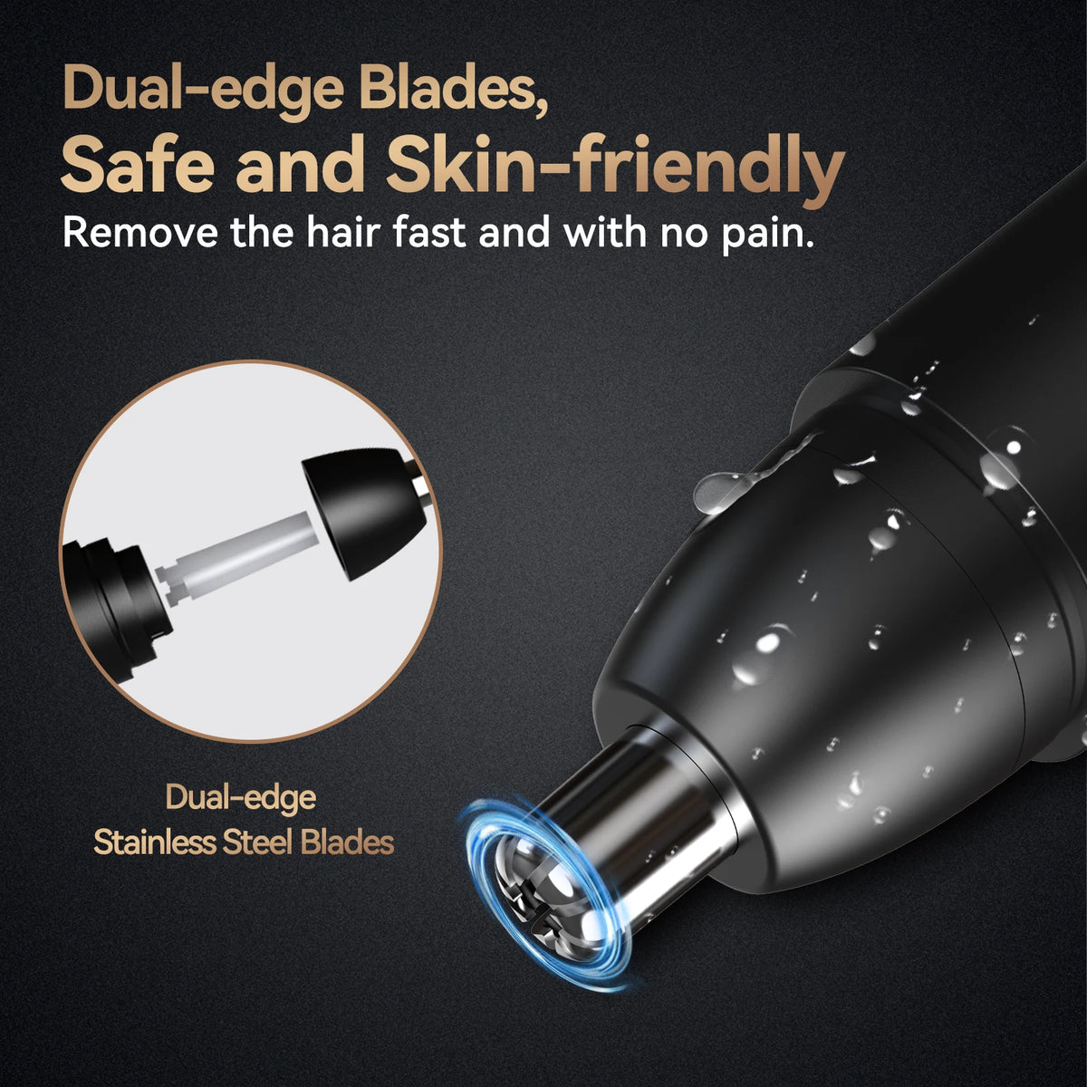 Close-up of a black nose hair trimmer with dual-edge stainless steel blades shown next to text describing its safe and skin-f