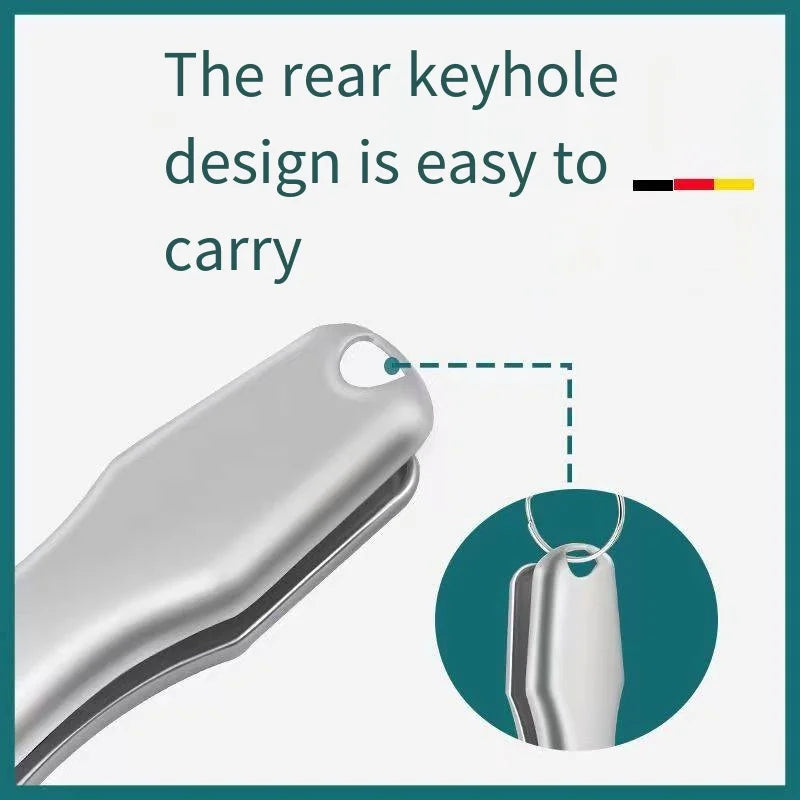 A close-up view of a heavy duty stainless steel nail clipper, showing the design for easy carrying.