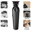 A black Kemei body hair grooming device shown with various application examples for haircut and beard trimming.