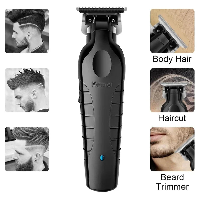 A black Kemei body hair grooming device shown with various application examples for haircut and beard trimming.