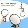 A multi-use portable makeup mirror shown in various forms including handheld, desktop, and hanging designs.