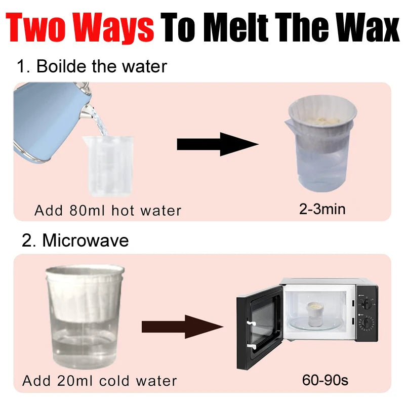 Instructions showing two ways to melt wax: boiling water and microwaving with cold water.