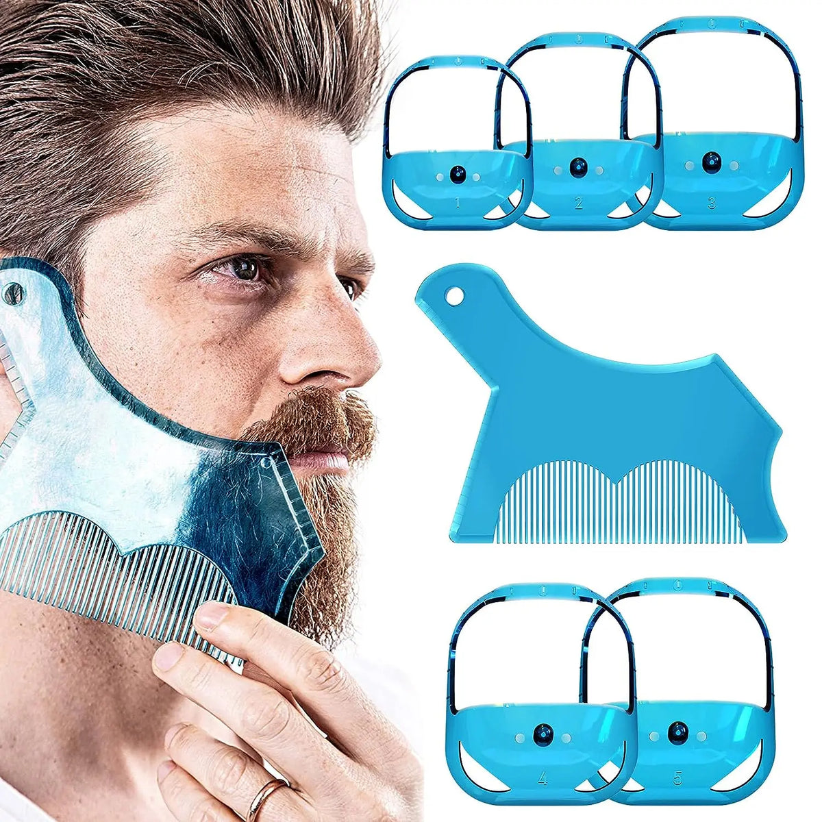 Un homme utilise un kit de modelage de barbe bleu avec plusieurs gabarits pour styliser sa barbe.