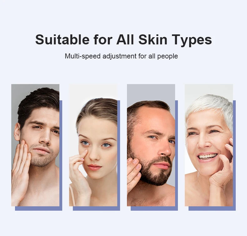 A row of four diverse adults demonstrating the multi-speed adjustment capability of a silicone facial cleansing brush.