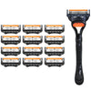 Ein Set von zehn schwarzen und orangefarbenen Rasiermesserköpfen für einen 5-Lagen-Herren-Fusion-Rasierer.
