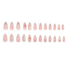 A set of 24 pink flower press on nails with an almond shape.