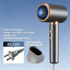 A black hair dryer with a rotating nozzle and cord, shown next to its power plug and head.