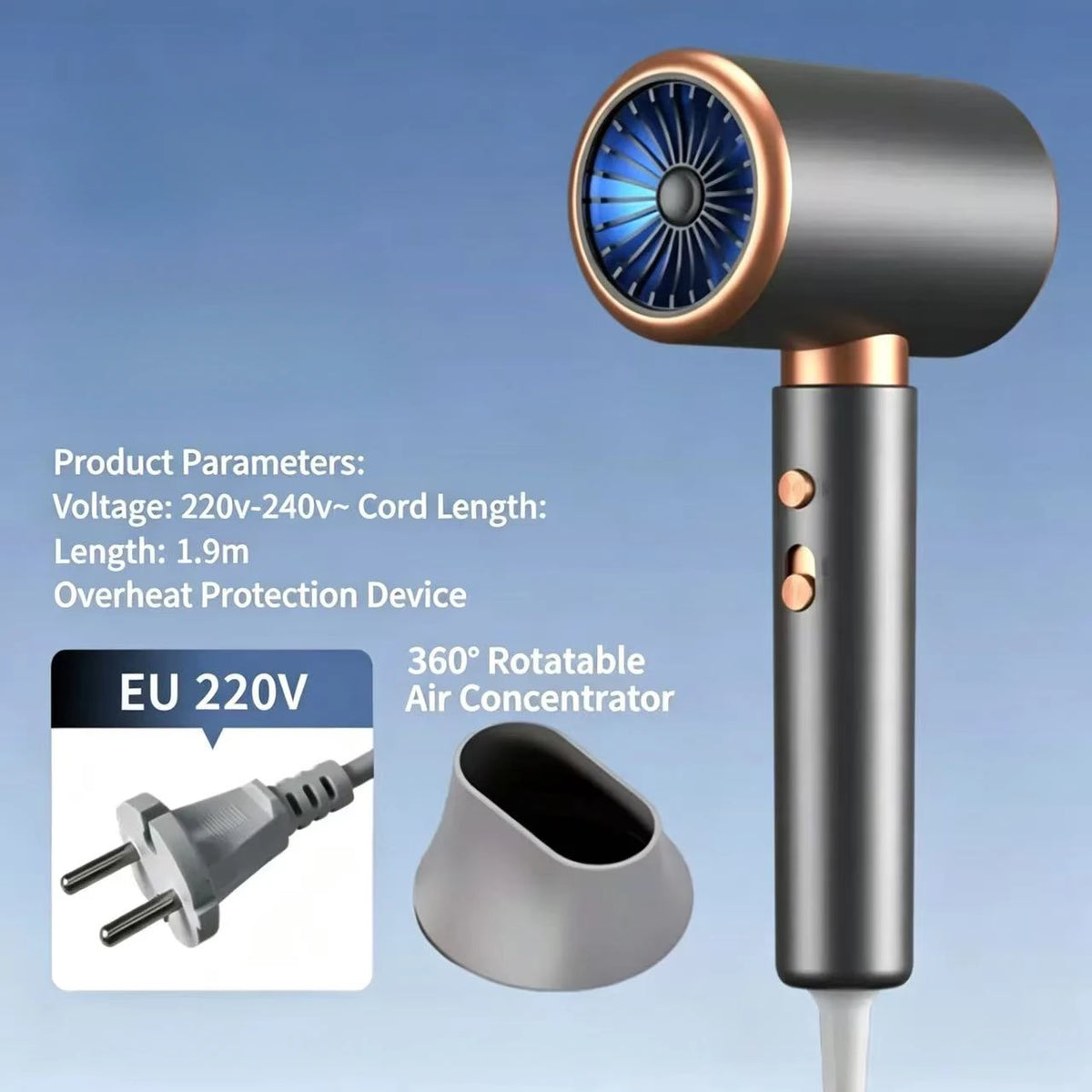 A black hair dryer with a rotating nozzle and cord, shown next to its power plug and head.