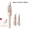 A set of three ceramic hair curling irons in a light pink color with sizes 40mm, 32mm, and 28mm.