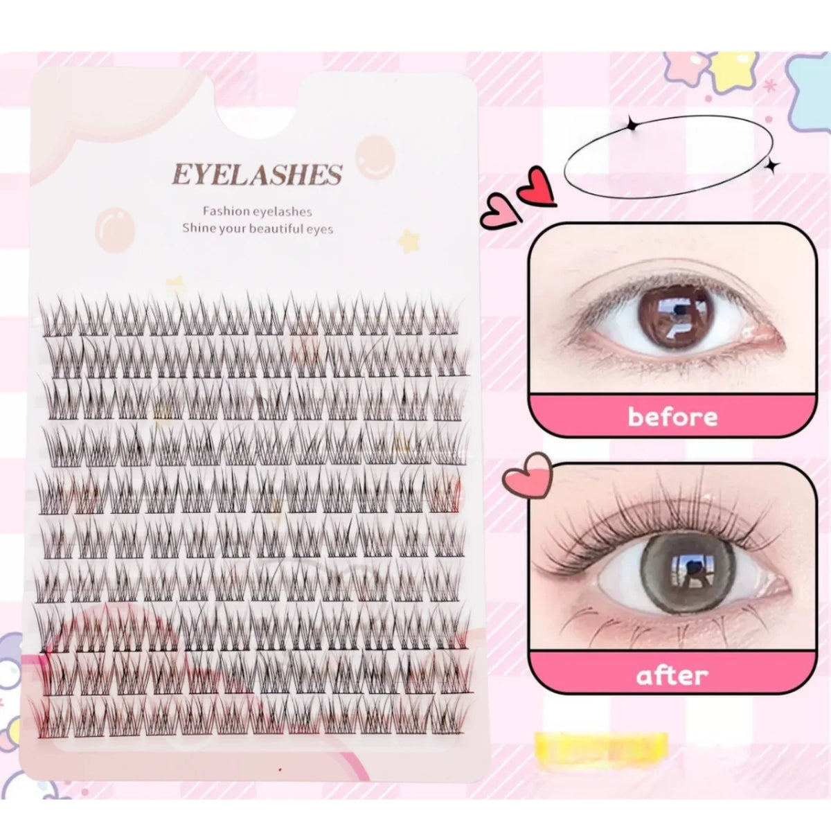 Before and after comparison of natural 12mm DIY tufted eyelash extensions