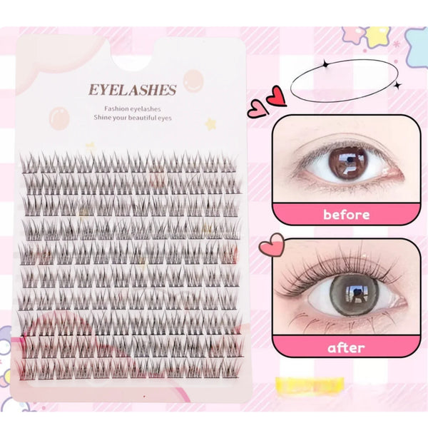 Before and after comparison of natural 12mm DIY tufted eyelash extensions