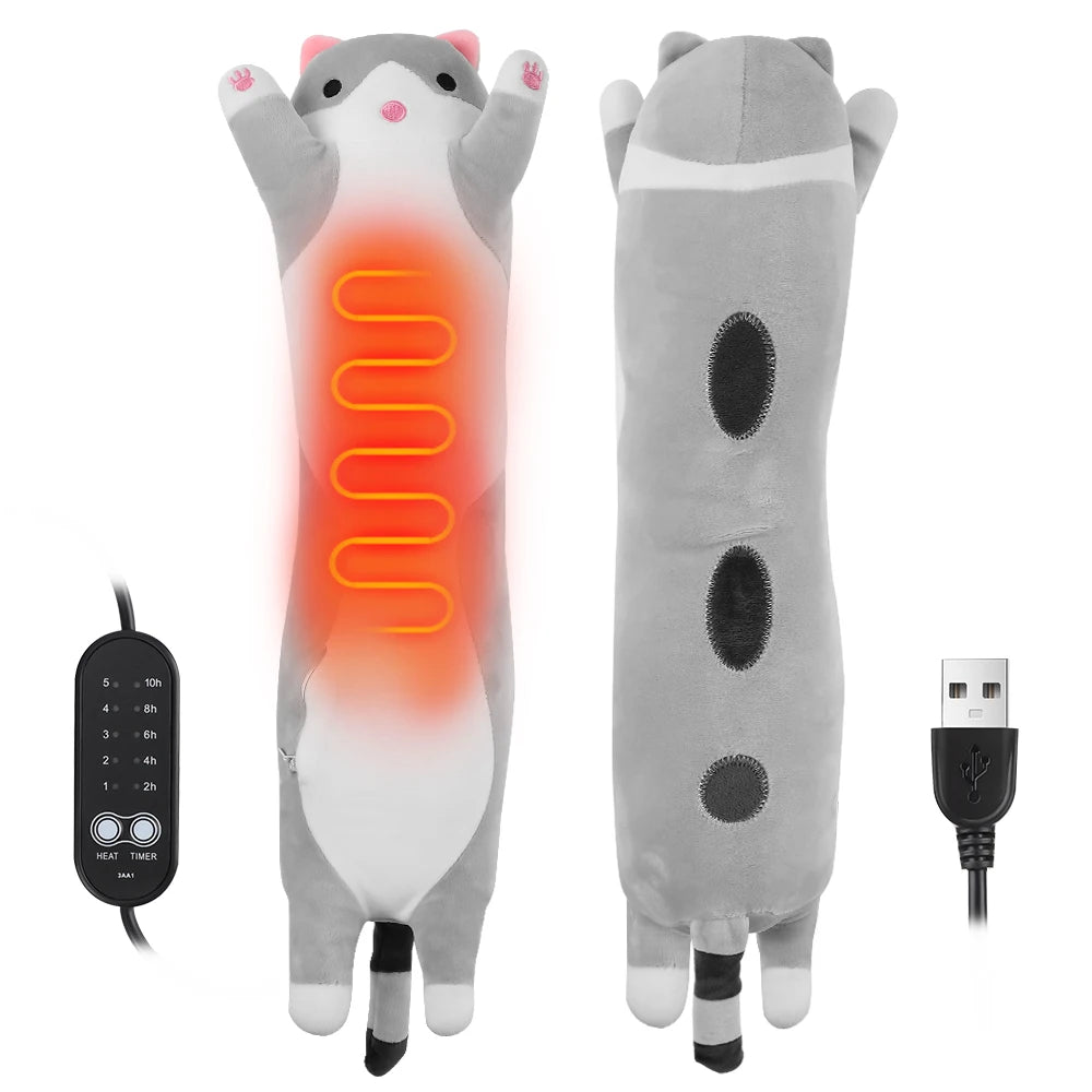 A cat-shaped electric heating pad with an orange heating element, shown next to a black timer and power cord.