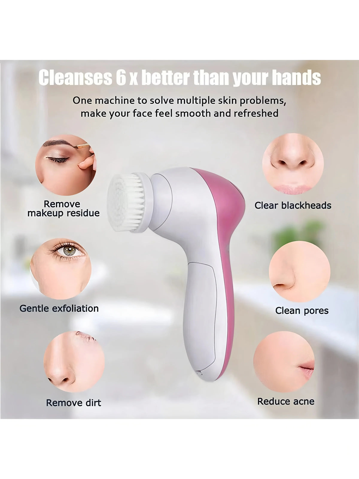 A white and pink electric facial cleansing brush is shown with various skin benefits listed around it.