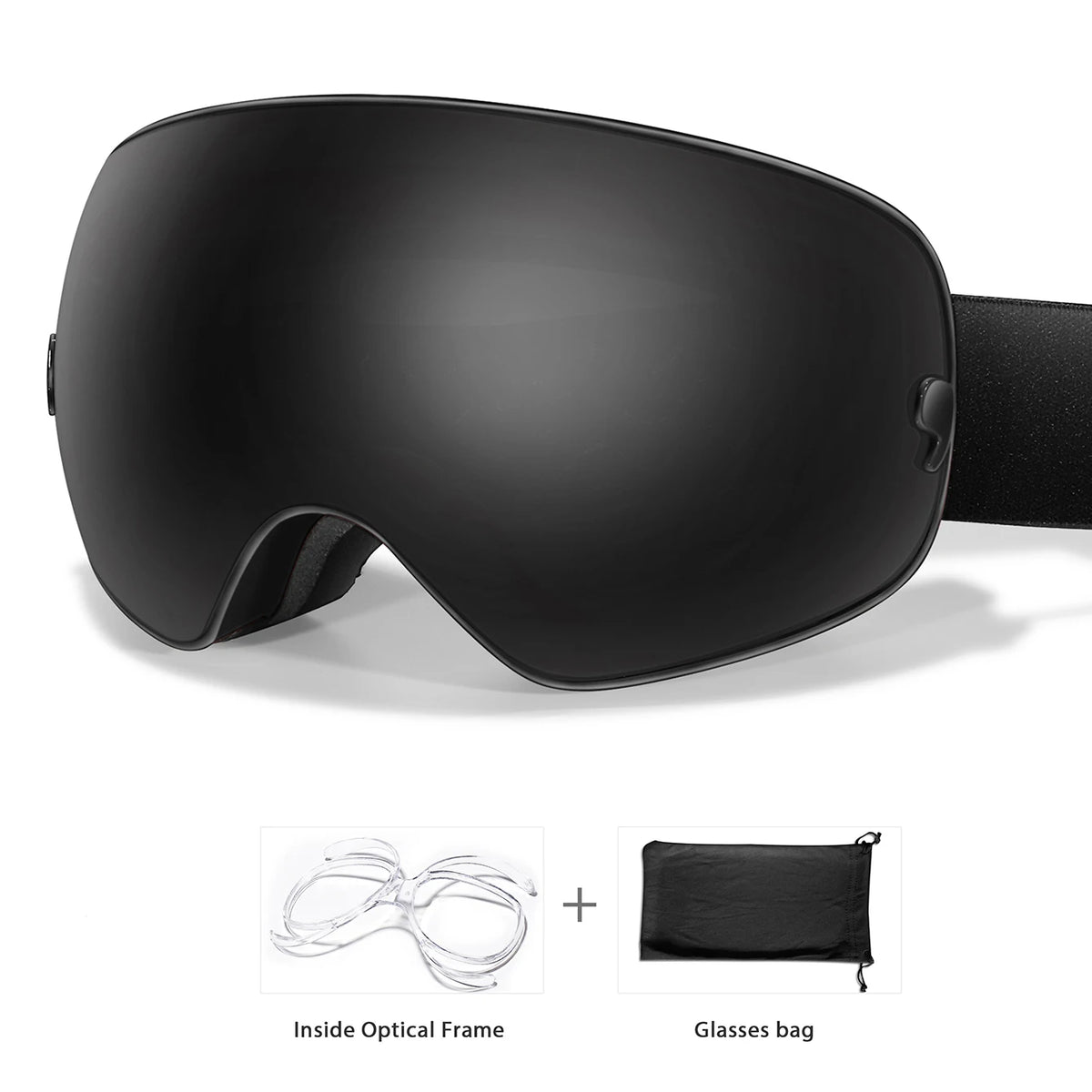 Black sports goggles shown with an inside optical frame and a separate glasses bag