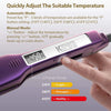A purple hair straightener is shown being held by a hand, demonstrating its automatic and manual temperature adjustment featu