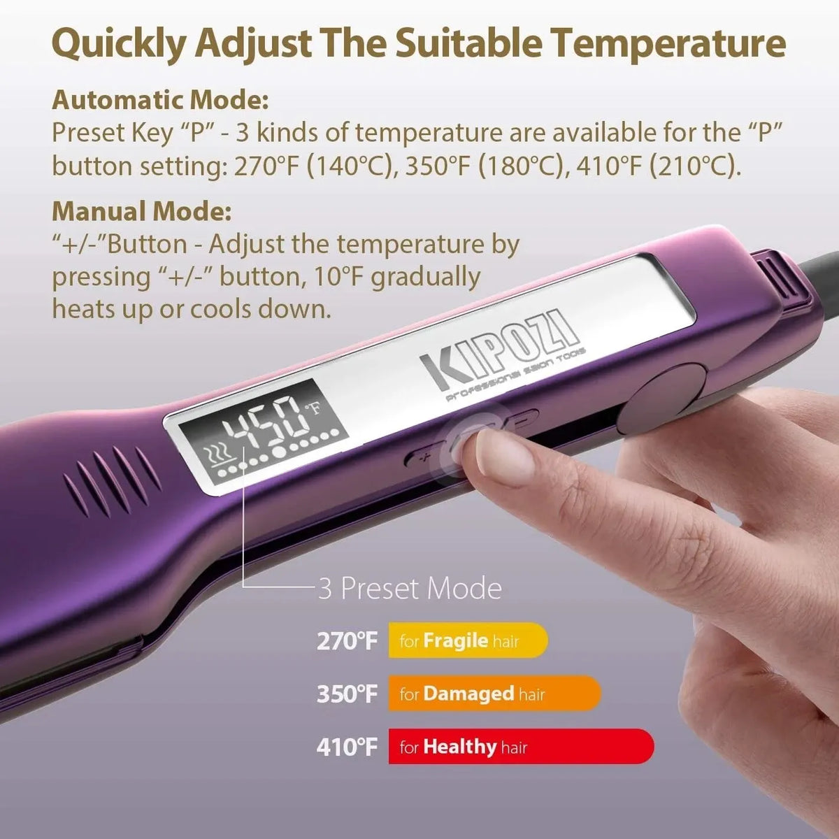 A purple hair straightener is shown being held by a hand, demonstrating its automatic and manual temperature adjustment featu
