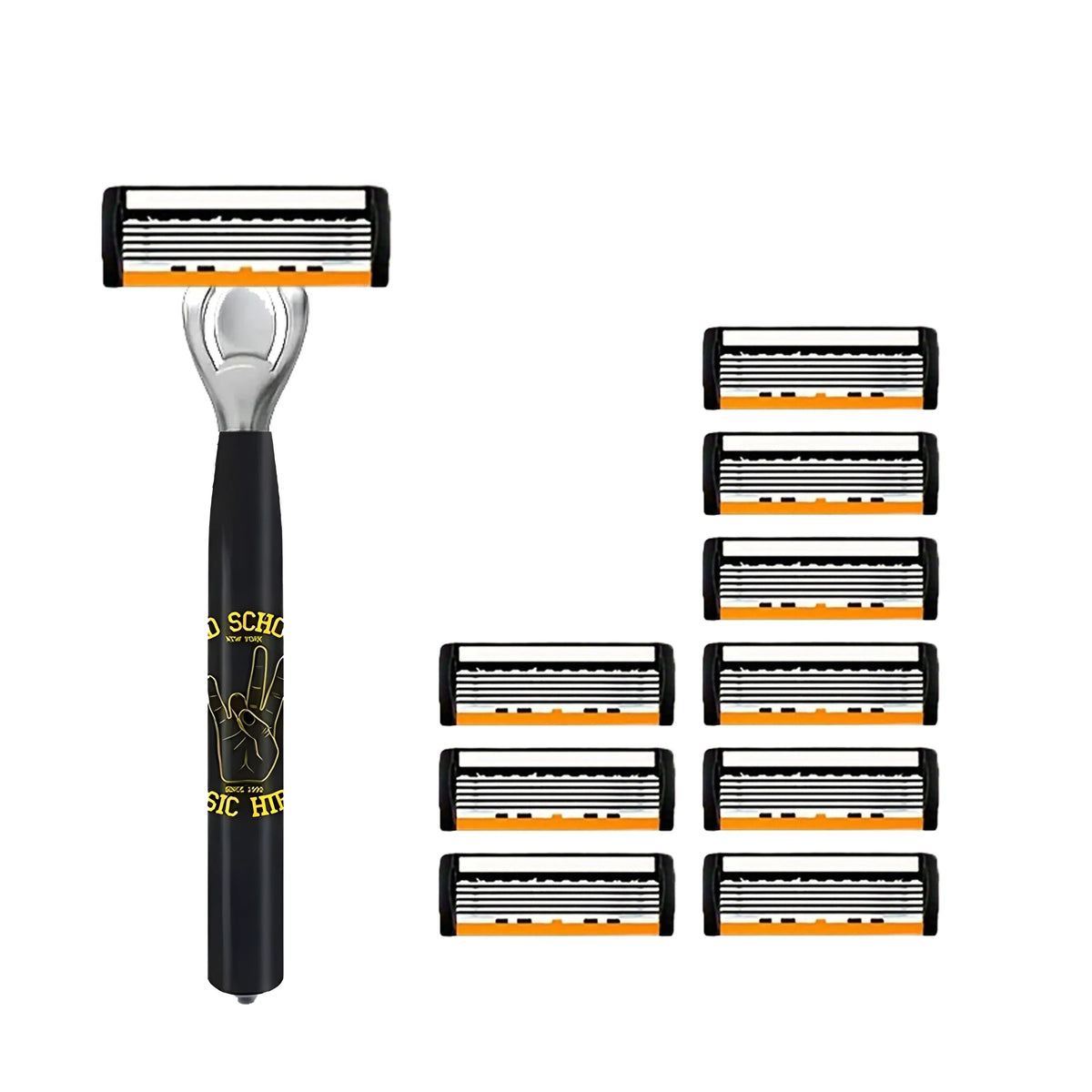 A black handle safety razor with a metal head and multiple replaceable blades displayed next to the full product.