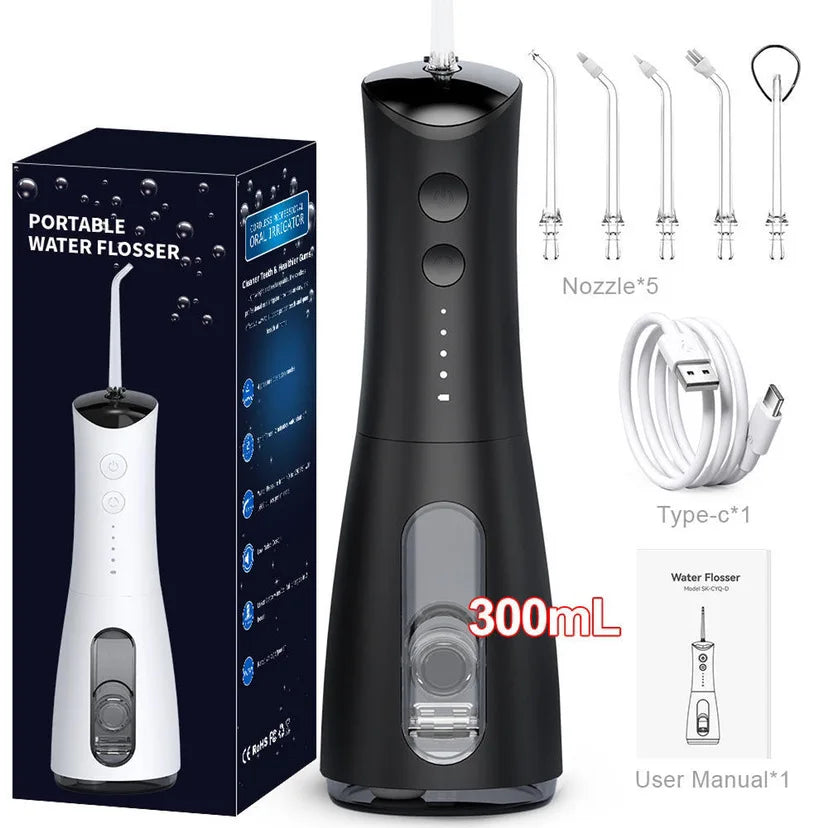 A black portable water flosser device with a white nozzle and various tips is shown next to its packaging and accessories.