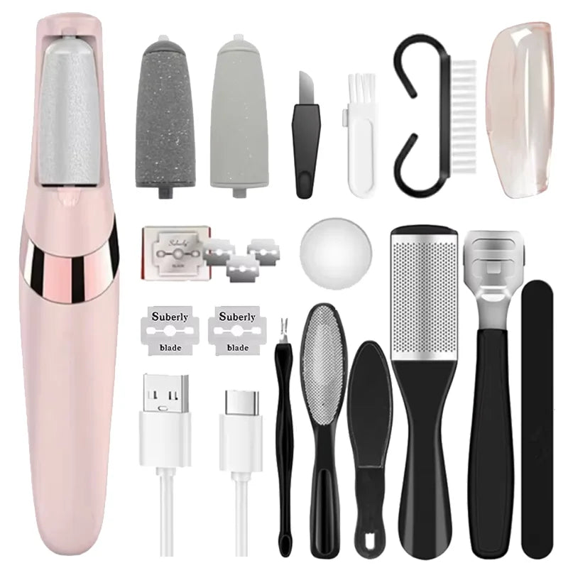 A set of electric foot files for callus and dead skin removal including various shaped files and tools.