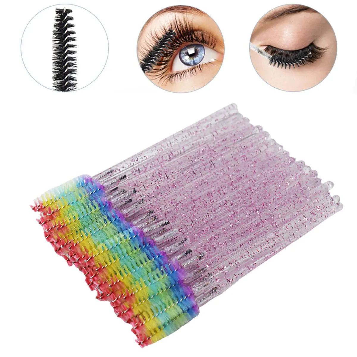 Un ensemble de pinceaux à cils jetables de différentes couleurs, montrant divers styles de cils et un pinceau avec des couleu
