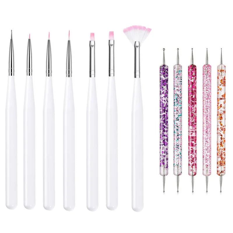 A set of precision nail art brushes featuring various colors including purple, pink, and iridescent finishes.