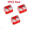 Three red dual pencil sharpeners for cosmetics and art supplies shown from above