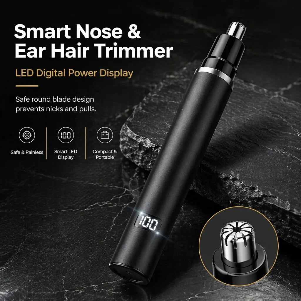 A black smart nose and ear hair trimmer with a LED digital power display shown on a dark surface.