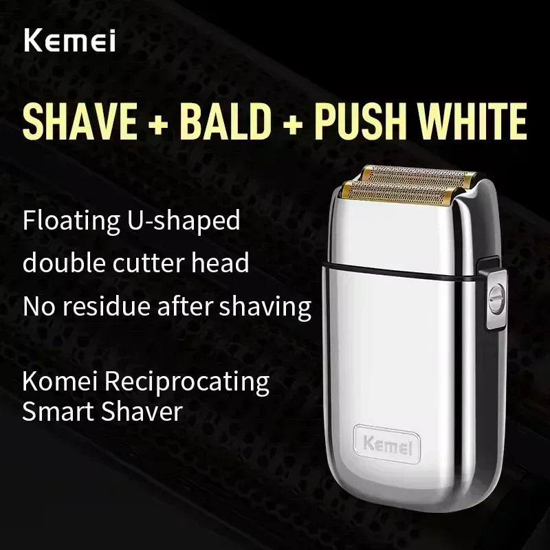 A white Kemei smart shaver with a floating U-shaped double cutter head shown against a dark background.