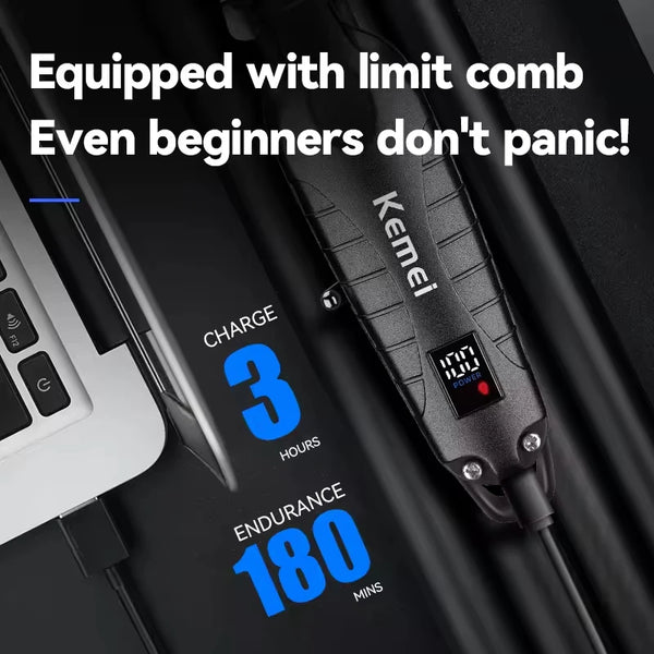 A black rechargeable electric hair clipper with a visible battery indicator and charging port.