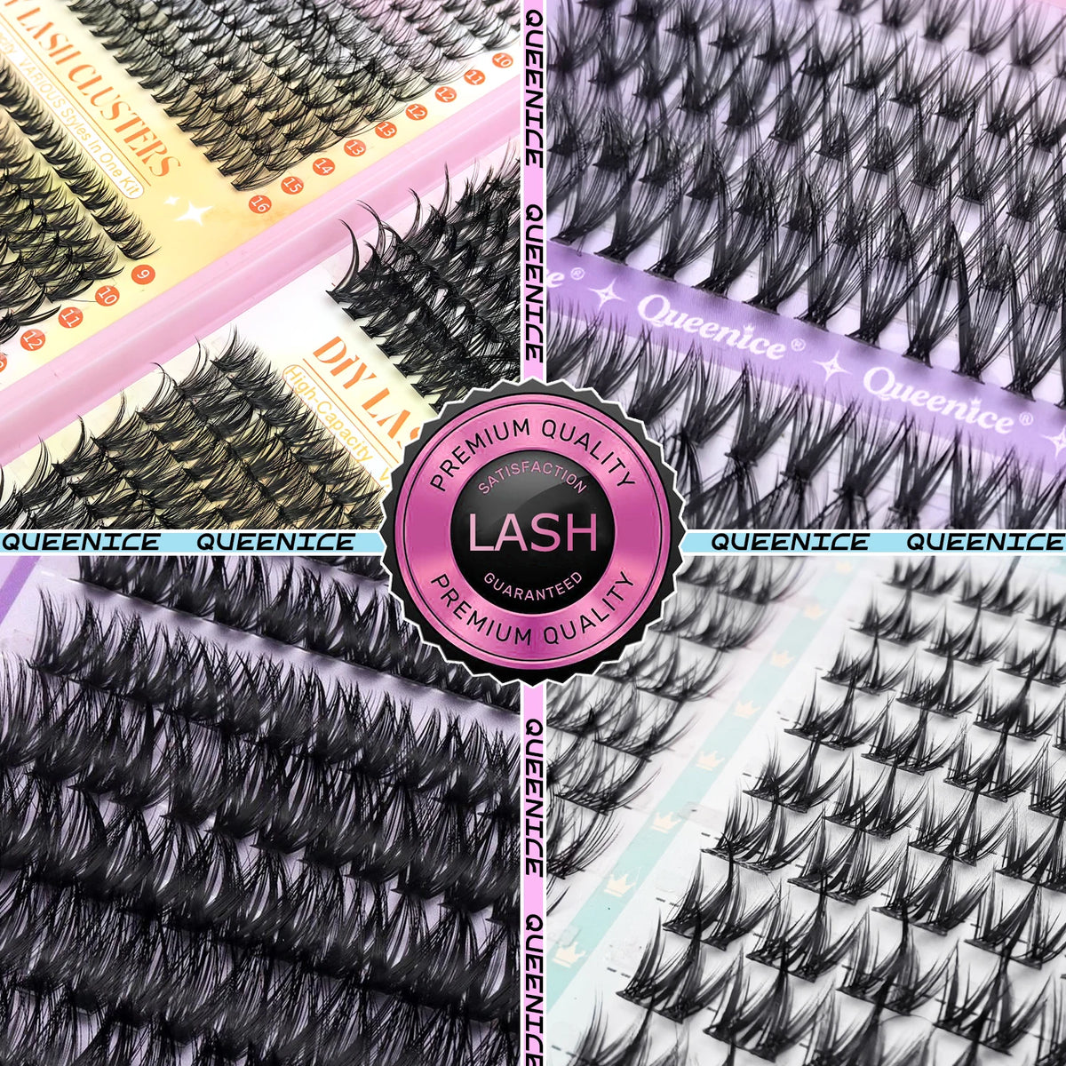 Gros plan de clusters et de cils individuels noirs Queenice sur fond rose.
