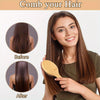 A woman shows before and after results of using a natural bamboo comb on her hair.
