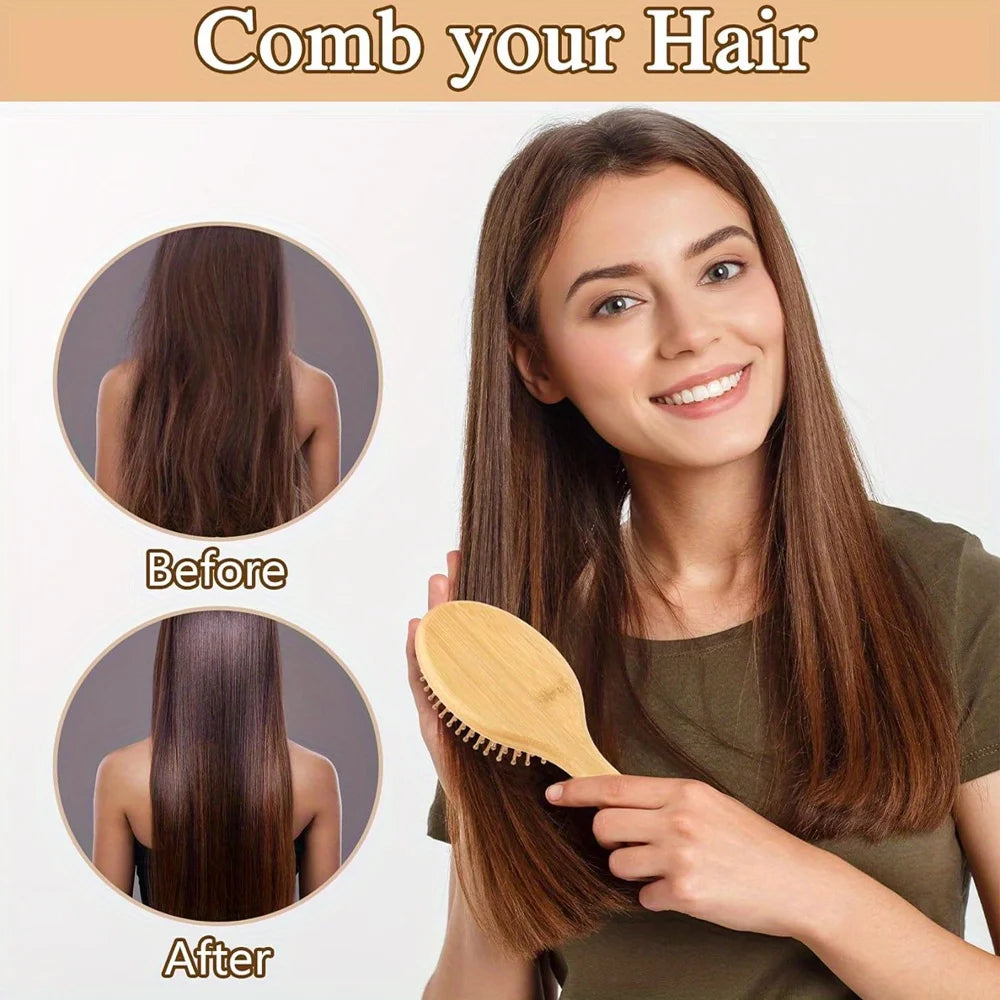 A woman shows before and after results of using a natural bamboo comb on her hair.
