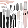 A collection of electric foot files and grooming tools including files, scrapers, and various attachments.