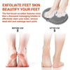 A silicone foot scrubber is shown being used on feet before and after exfoliation.