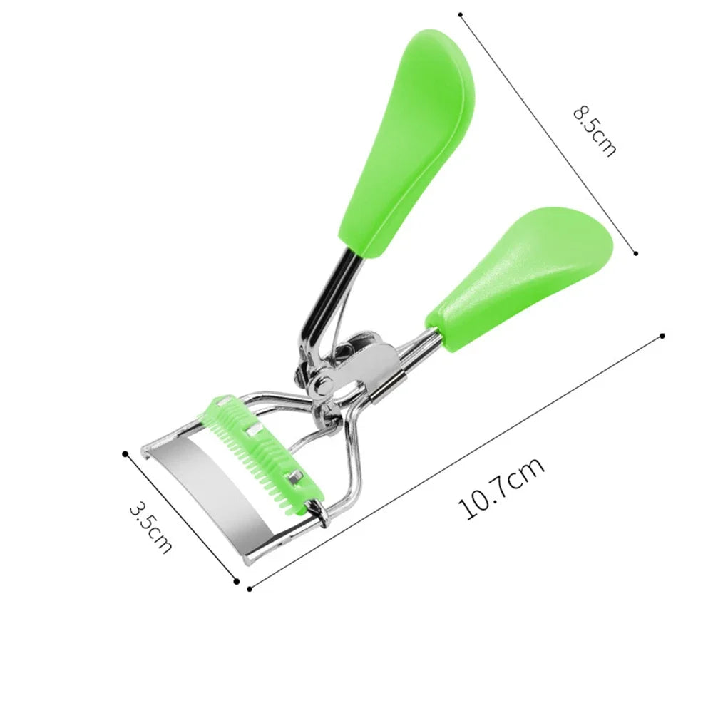 A bright green makeup eyelash curler tool with a metal clamp and plastic handles.