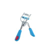 Stainless steel eyelash curler with a precision comb, featuring blue and pink accents.