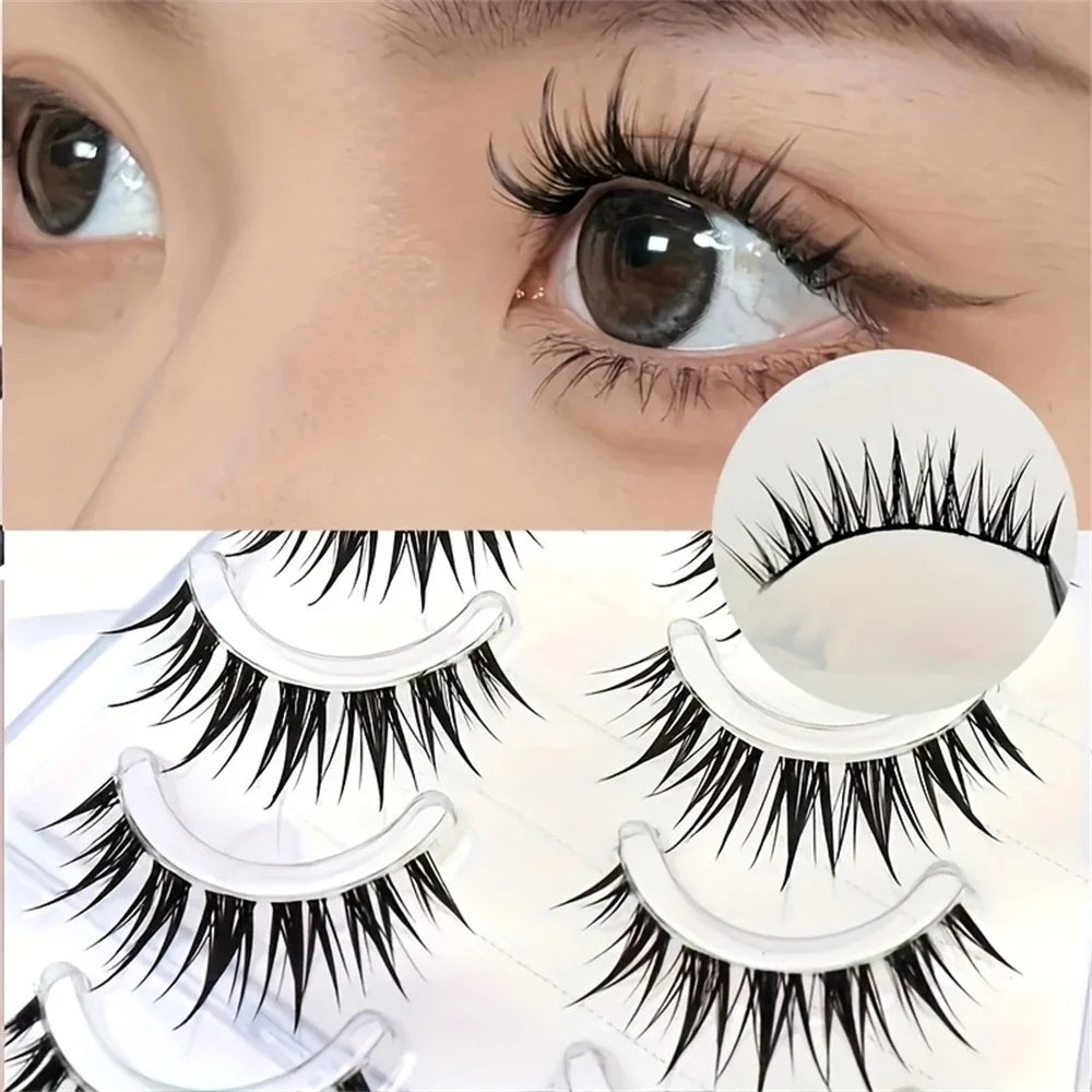 Five pairs of wet look comic eyelash strips featuring natural cat eye and C-roll styles.