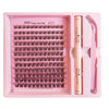 A pink tray containing lash extensions and tools for DIY lash application including bond, seal, and remover.