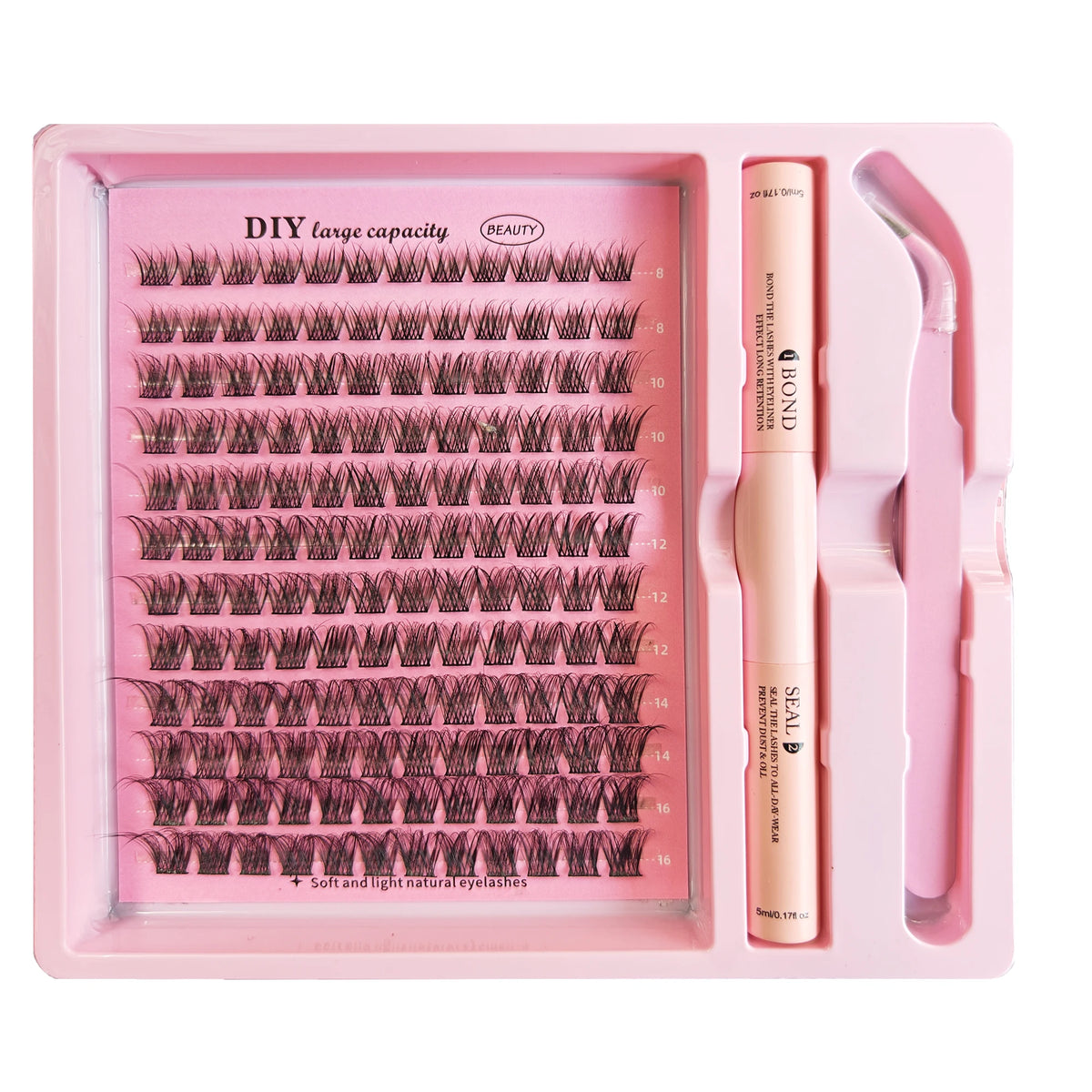 A pink tray containing lash extensions and tools for DIY lash application including bond, seal, and remover.