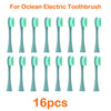 A set of sixteen replacement brush heads for an Ocean electric toothbrush, shown in various shades of green.