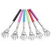 A set of six telescoping stainless steel back massagers in various colors including black, pink, blue, and green.