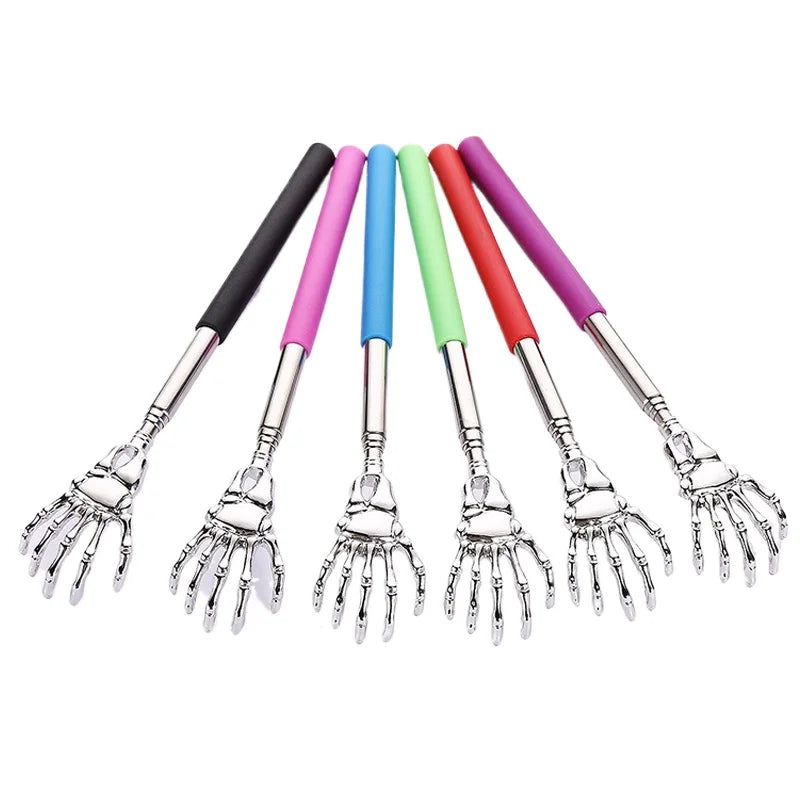 A set of six telescoping stainless steel back massagers in various colors including black, pink, blue, and green.