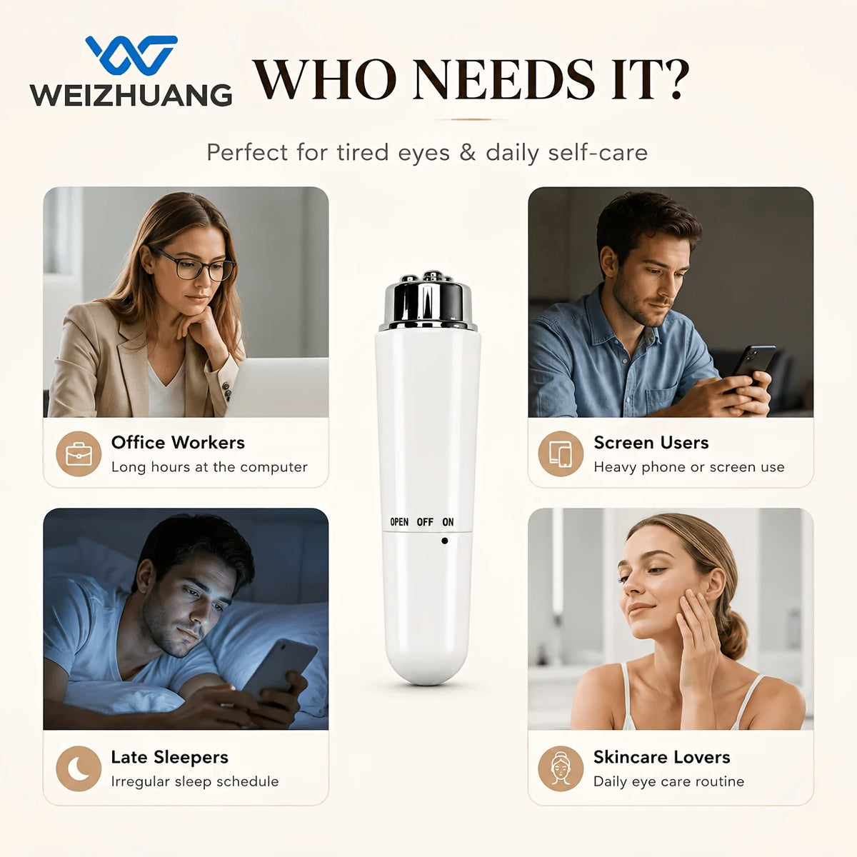 A white multi-function facial and eye massager device shown next to various users benefiting from it.