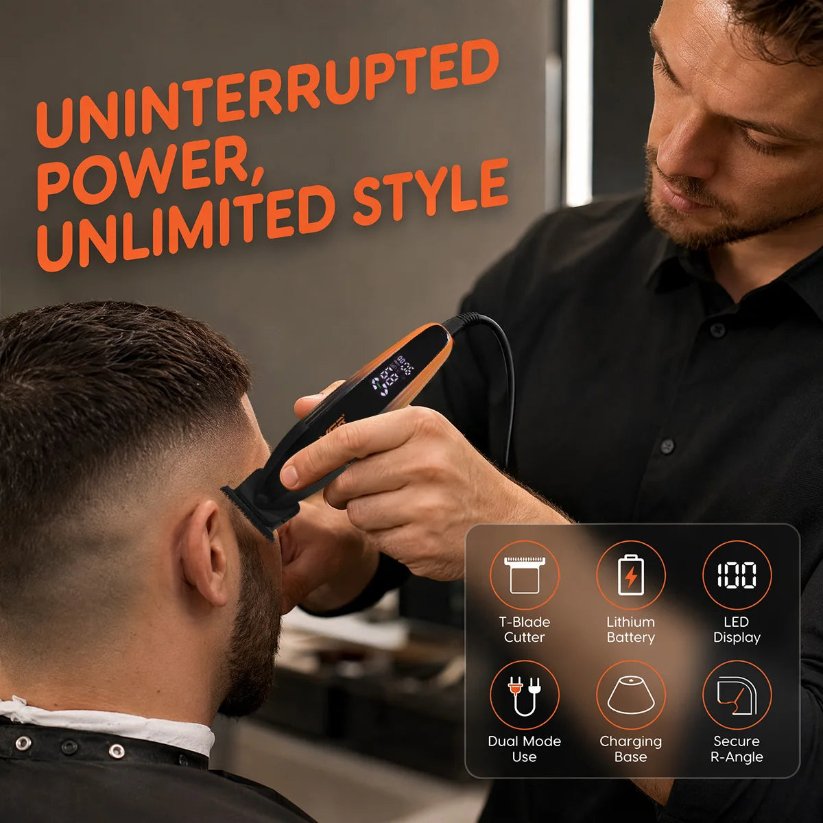 A man is using a professional cordless hair trimmer on another man, demonstrating the product's power and style.