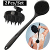 A black long handle silicone body brush with a bristled head is shown next to its packaged set and in use on a person's back.