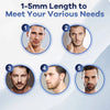 Five different styles of men's facial hair shown in close-up circular frames demonstrating the versatility of a precision gui