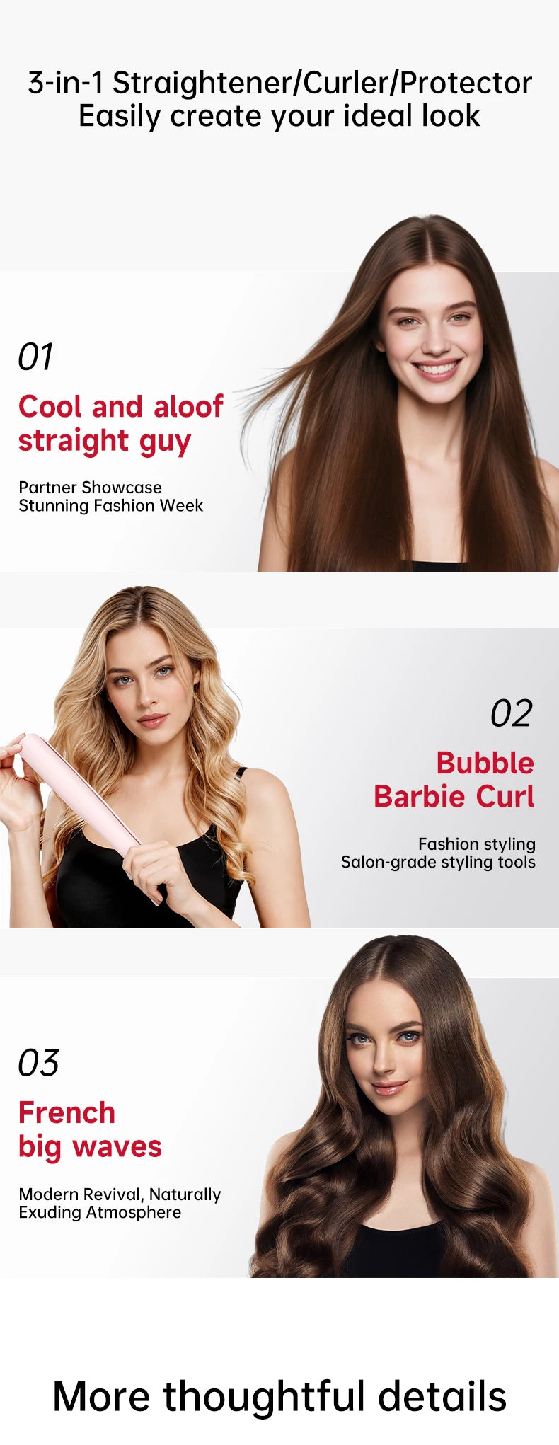 Three models showcase different hairstyles created by a 3-in-1 Straightener/Curler/Protector tool.