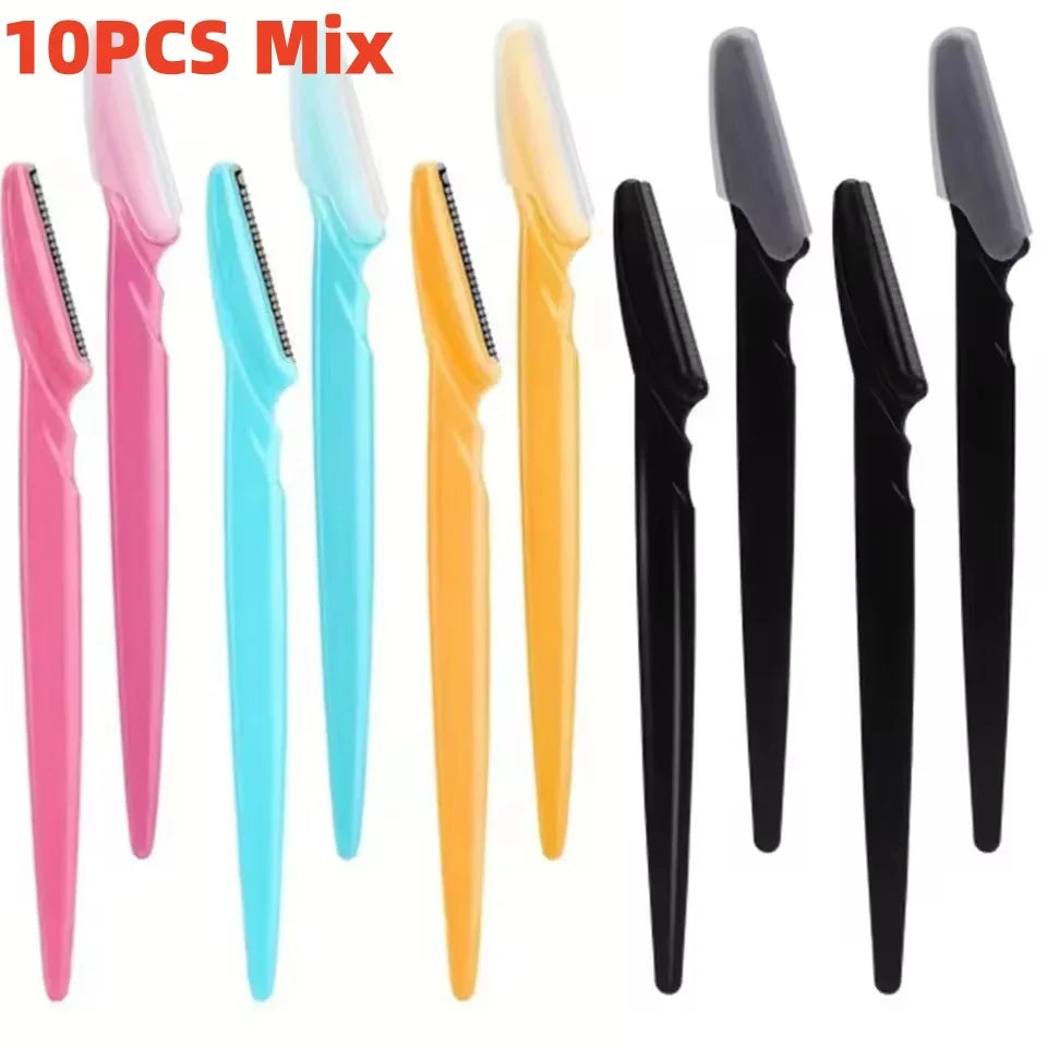 A set of 10 pieces of eyebrow trimmers in various colors including pink, blue, and yellow.