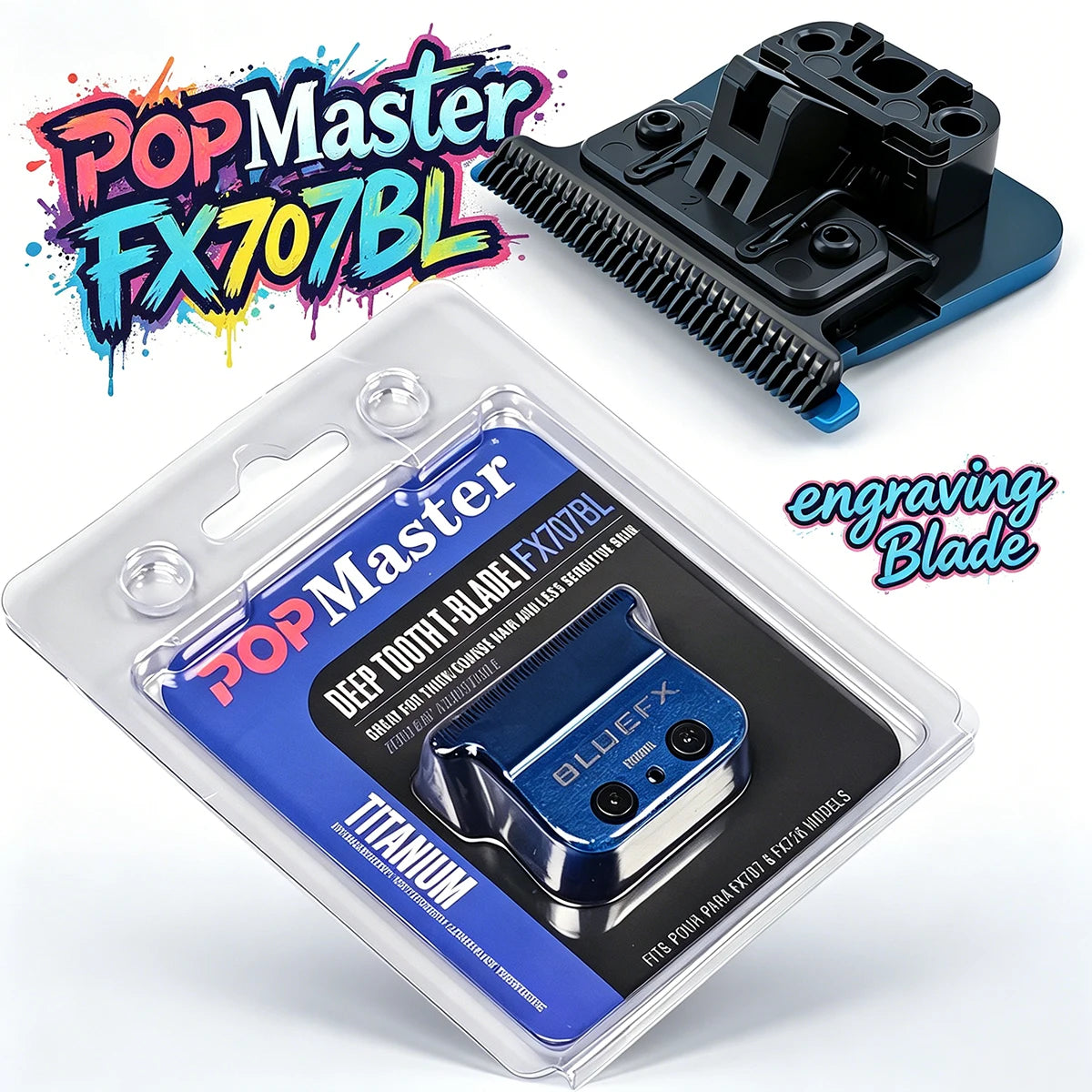 A POP Master Deep Tooth Blade titanium replacement blade for trimmers and clippers shown with its packaging and mounting piec