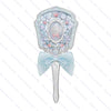 A light blue pearl hand mirror with a pink and silver design, featuring a ribbon bow.